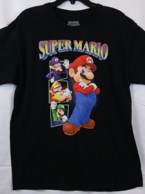 Super Mario Bros Mario Wario Luigi Waluigi Graphics SS Black T-shirt Size Large